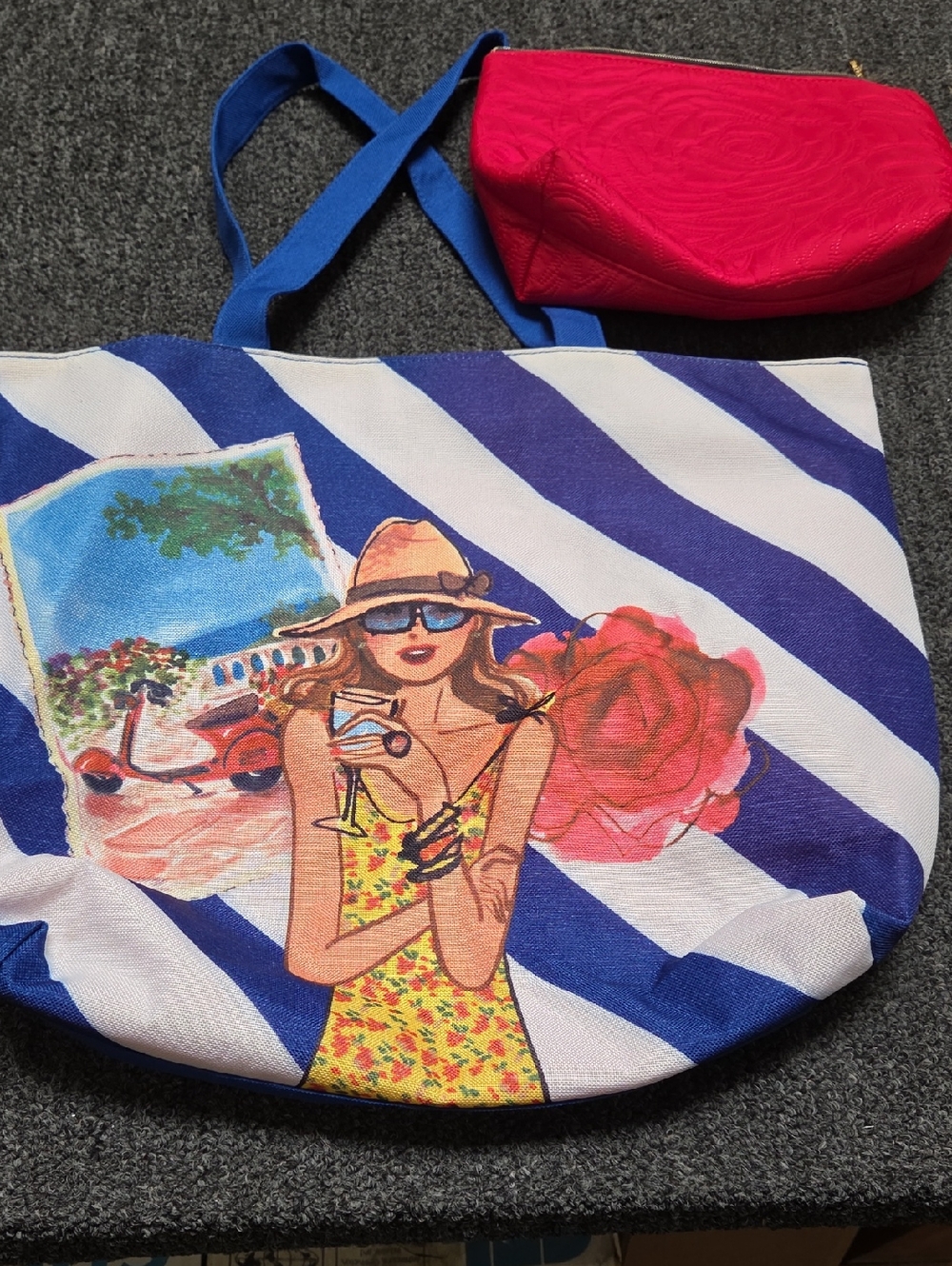 Lancome Blue Striped Beach Tote with Floral Graphic